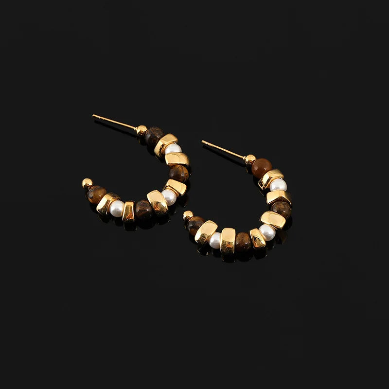 Vintage Tiger Eye Stone Pearl Spiral Hoop Stud & Clip On No Piercing Luxury Alloy Fashion Earrings