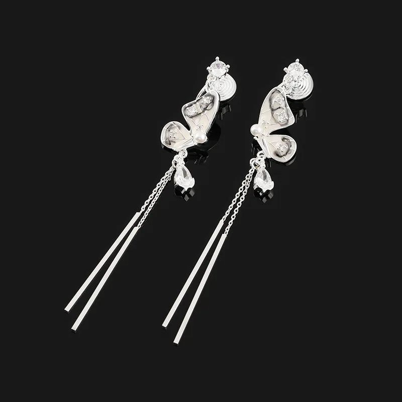 Elegant Ink Butterfly Alloy Crystal Long Tassel Stud & Clip On No Piercing Earrings