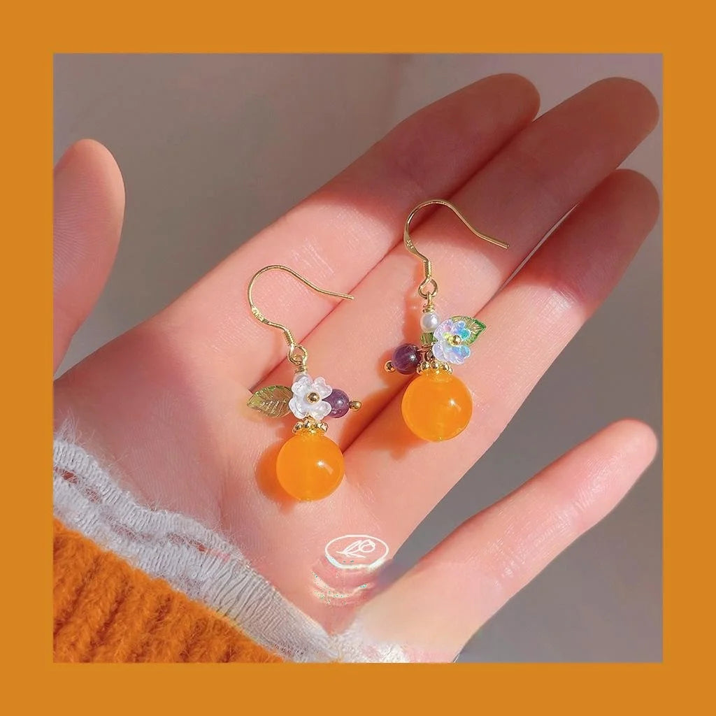 Sweet Pastoral Yellow Jade Flower Drop Earrings, Silver Plated Copper Handmade Jewelry