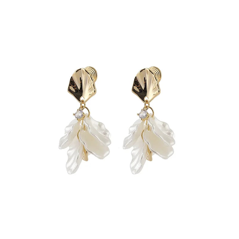 Elegant Gold Alloy Shell Petal Baroque Pearl Drop Stud & Clip On No Piercing Women's Earrings