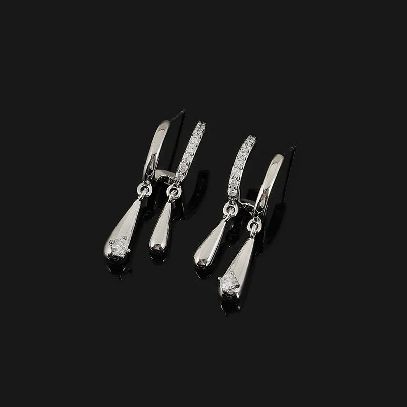 Elegant Zircon Double Hoop Teardrop Dangle Stud & Clip On No Piercing Silver Needle Fashion Earrings