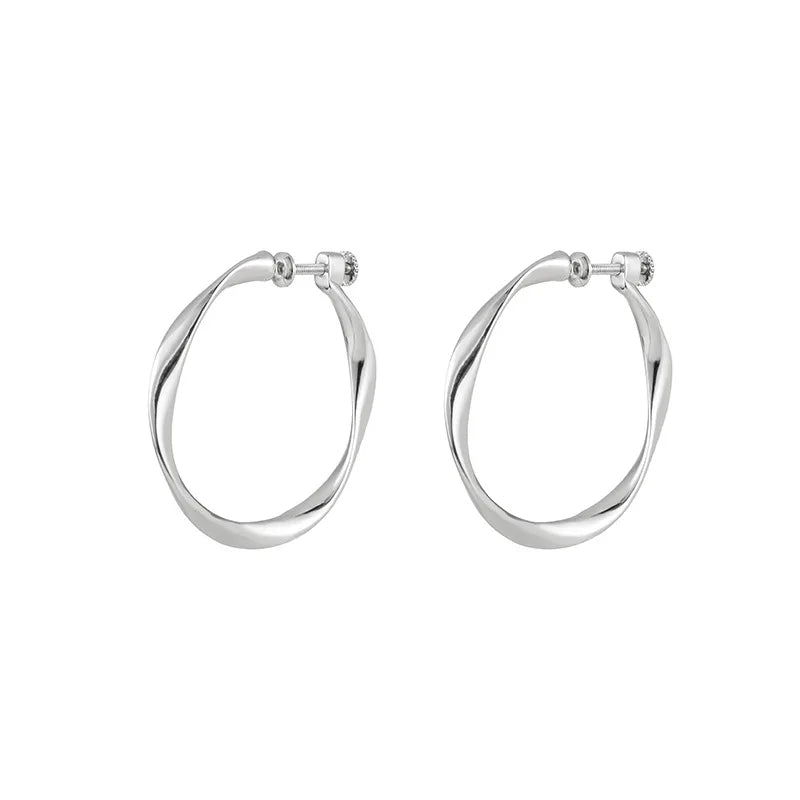 Elegant Twisted Wave Round Alloy Hoop Stud & Clip On No Piercing Commuter Statement Earrings