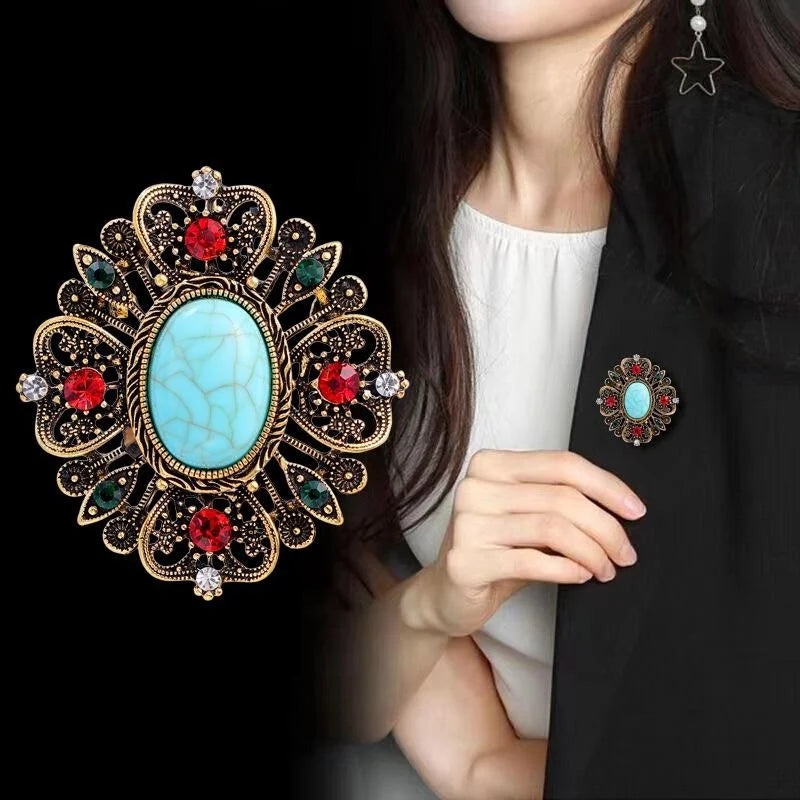 Vintage Baroque Turquoise Cabochon Rhinestone Alloy Brooch, Elegant Floral Lapel Pin Suit Accessory
