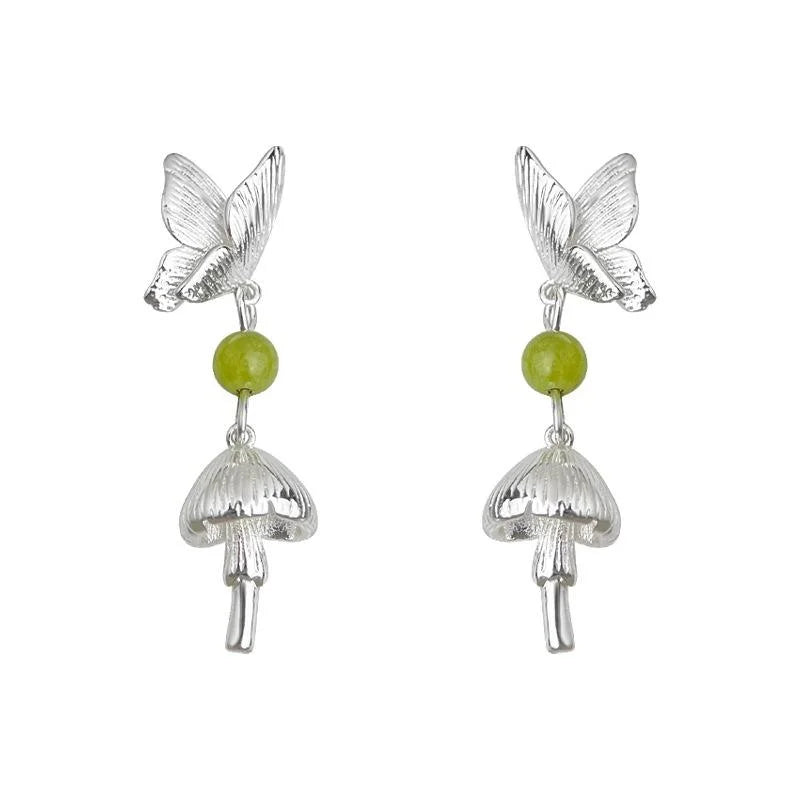 Forest Style Natural Stone Butterfly Mushroom Drop Earrings, Silver Plated Copper