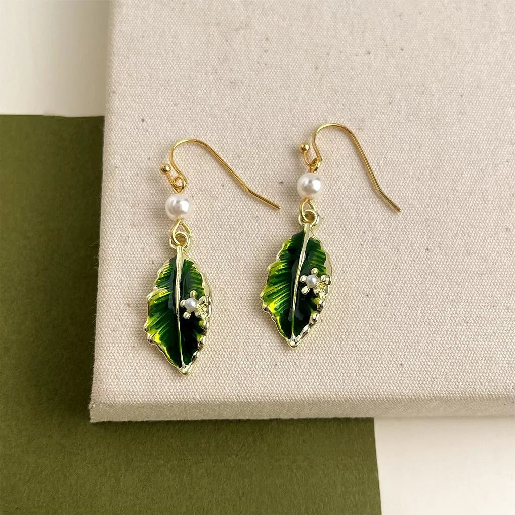 Fresh Sweet Enamel Glazed Leaf Drop Earrings Handmade Copper Posts Forest Style