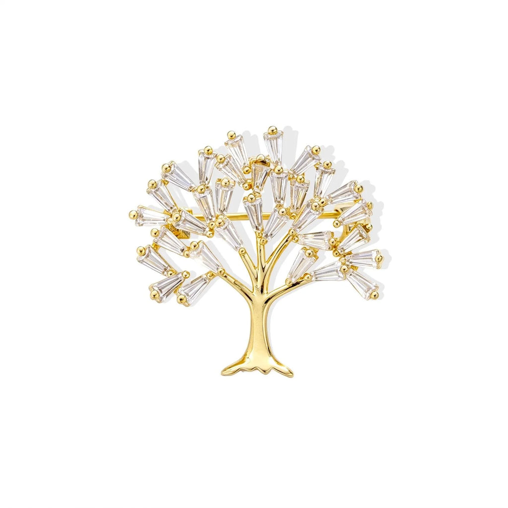 Elegant Gold Alloy Zircon Heart Tree Leaf Flower Brooch For Women, Luxury Lapel Pin Corsage Suit Accessory