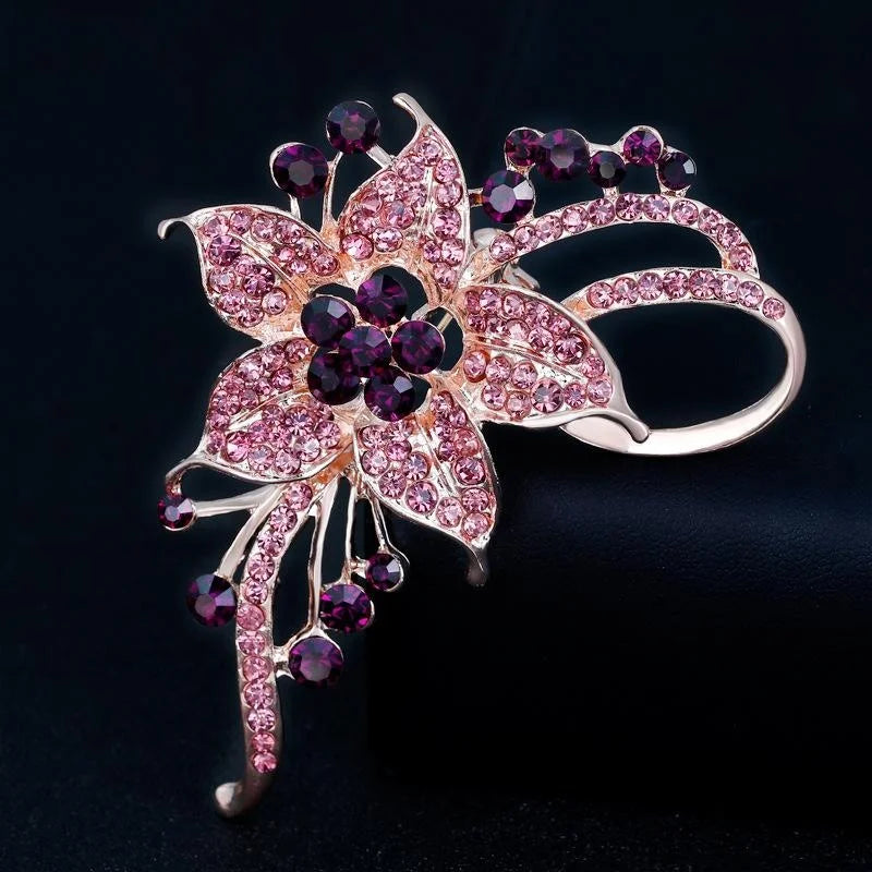 Elegant Rhinestone Alloy Flower Brooch For Women, Luxury Floral Lapel Pin Corsage Suit Accessory Gift