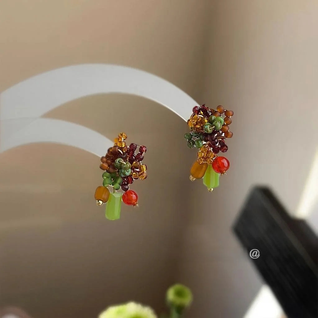 Boho Ethnic Floral Geometric Red Agate Glass Crystal Seed Bead Handwoven Drop Earrings