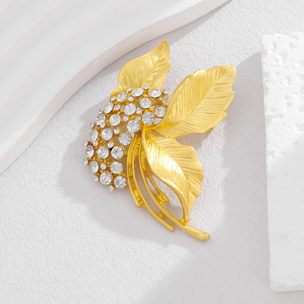 Elegant Gold Alloy Leaf Flower Brooch With Clear Rhinestones, Women's Lapel Pin Corsage Gift