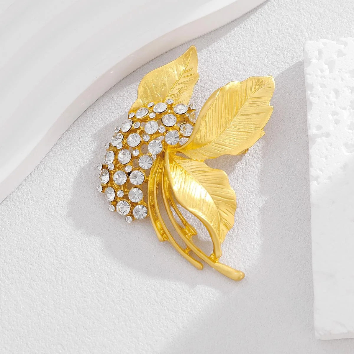 Elegant Gold Alloy Leaf Flower Brooch With Clear Rhinestones, Women's Lapel Pin Corsage Gift
