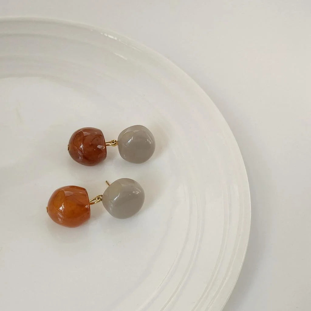 Vintage Korean Caramel Milk Tea Resin Acetate Round Ball Drop Earrings