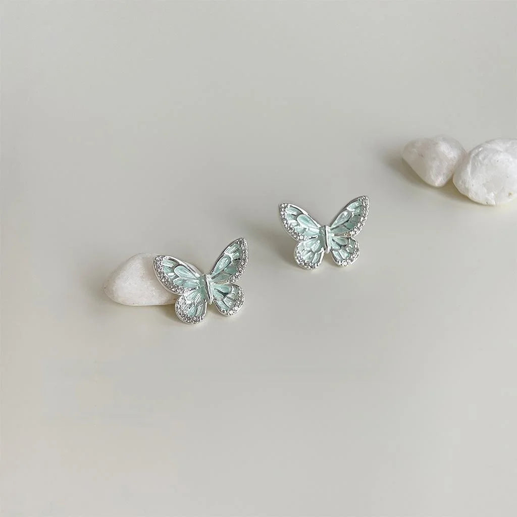 Sweet Mint Green Enamel Butterfly Stud Earrings Copper Micro Pave Zircon Jewelry