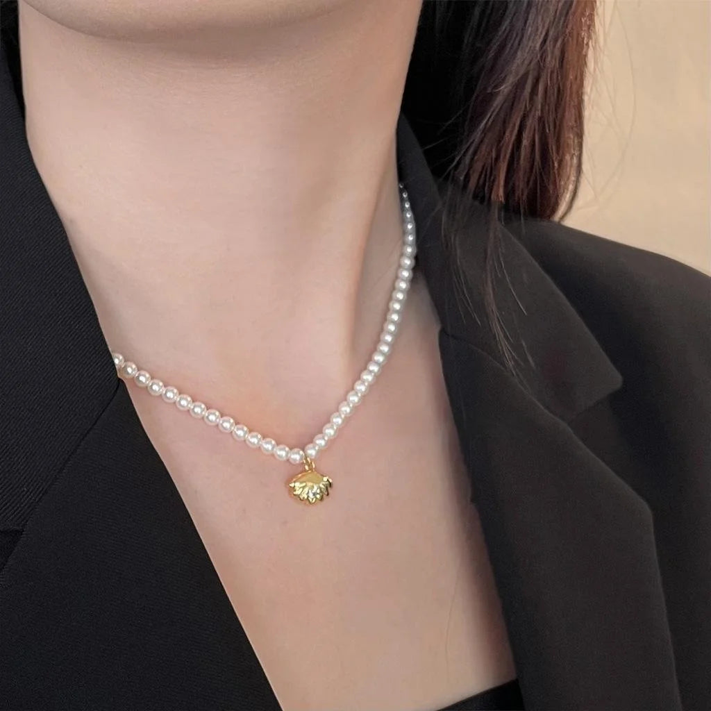 14K Gold Plated Copper Glass Pearl Necklace With Micro Pave Zircon French Vintage Shell Pendant