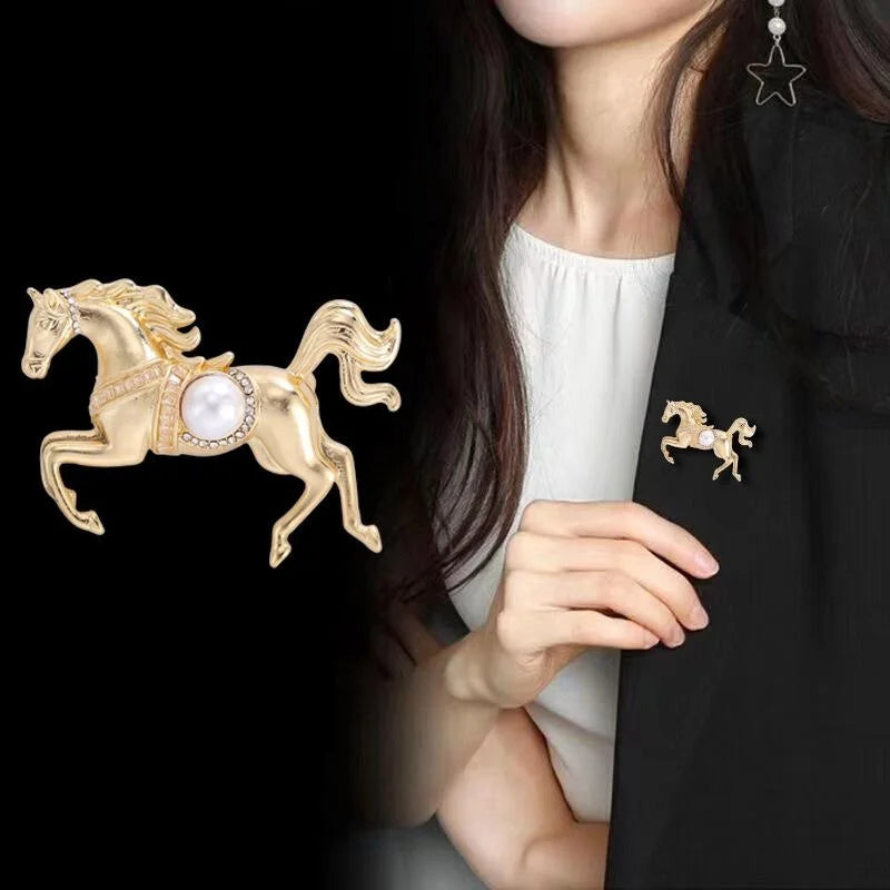 Elegant Gold Alloy Galloping Horse Brooch With Faux Pearl And Rhinestones, Luxury Lapel Pin Suit Accessory