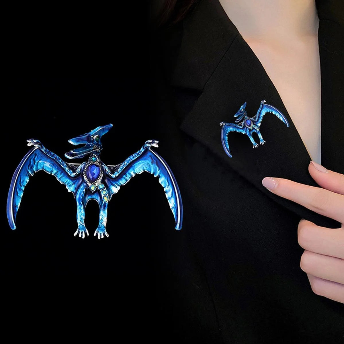 Vintage Green Enamel Flying Dragon Brooch With Rhinestones, Cute Pterosaur Lapel Pin Suit Accessory Gift