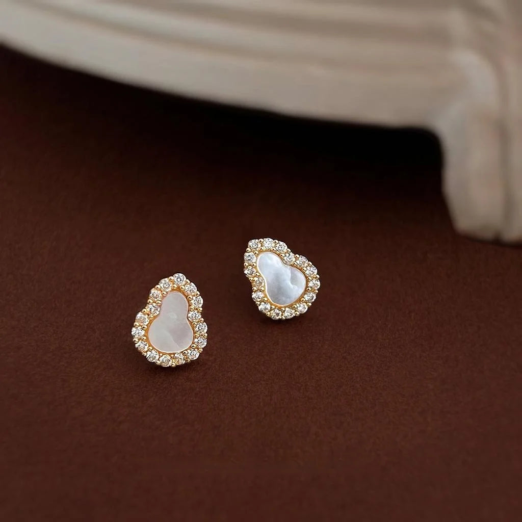 Light Luxury Micro Pave Zircon Real Shell Gourd Stud Earrings, Copper Silver Plated Pin Jewelry