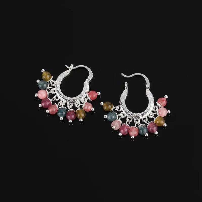 Vintage Crescent Hoop Natural Stone Beaded Alloy Stud & Clip On No Piercing Handmade Earrings