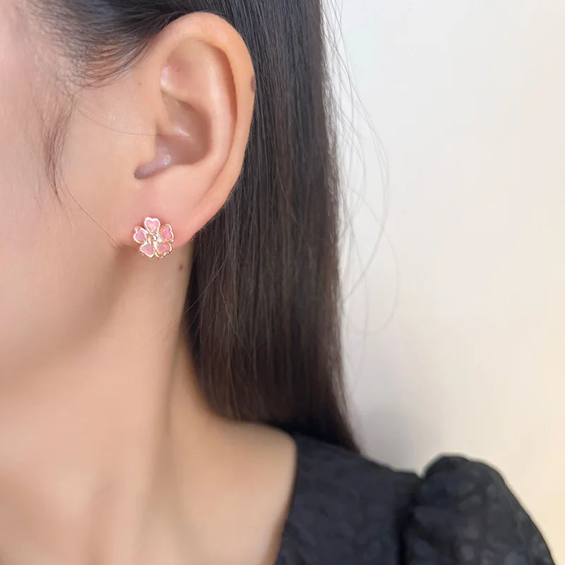 Elegant Pink Enamel Hollow Flower Alloy Stud & Clip On No Piercing Sweet Gradient Floral Earrings