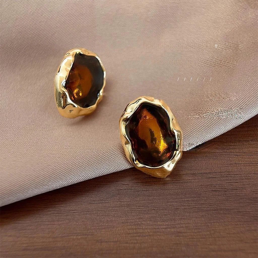 14K Gold Plated Copper Irregular Geometric Amber Enamel Stud Earrings French Vintage Maillard Style