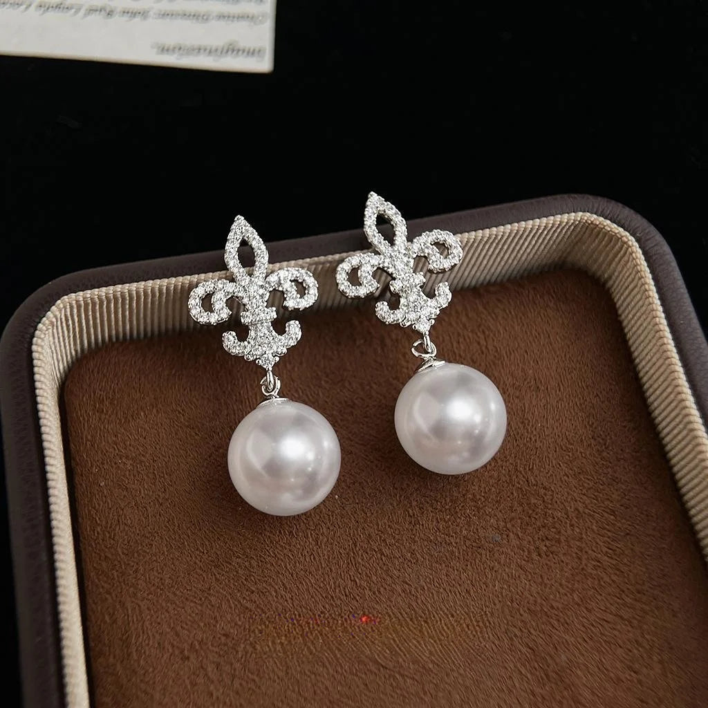 Light Luxury Iris Flower Copper Glass Pearl Micro Pave Zircon Geometric Drop Earrings