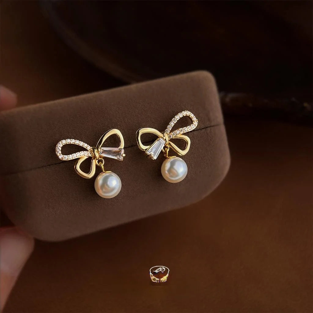 14K Plated Copper Bow Stud Earrings With Micro Pave Zircon And High Luster Pearl