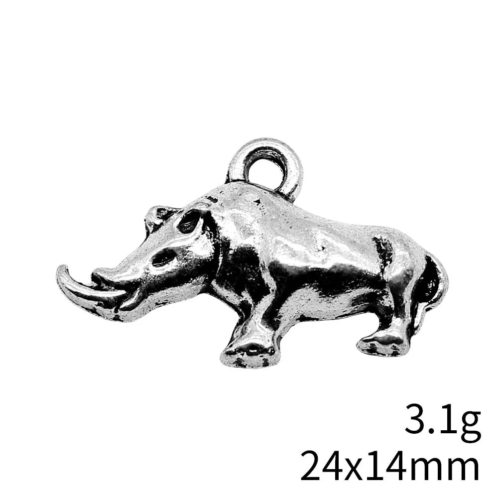 24x14mm 1.6g Antique Silver Zinc Alloy Rhinoceros Charm Pendant for DIY Animal Theme Jewelry Making