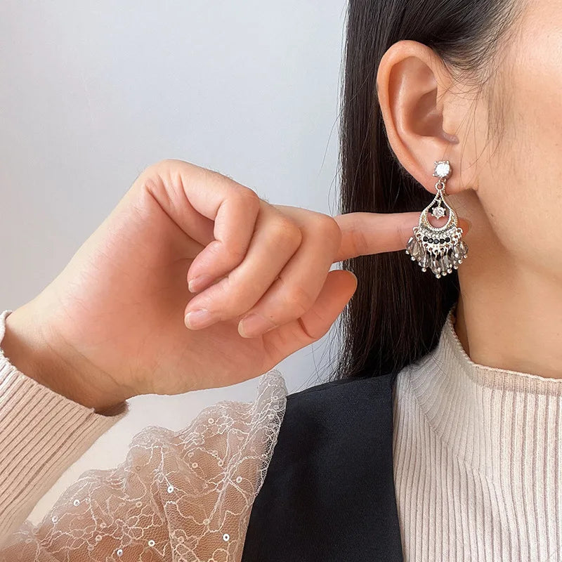 Vintage Ethnic Crescent Grey Crystal Tassel Chandelier Stud & Clip On No Piercing Earrings