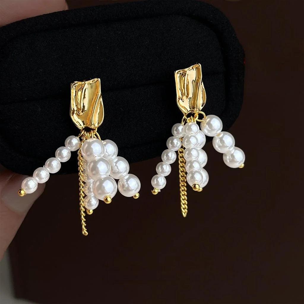 French Vintage 14K Plated High Shine Pearl Tassel Drop Earrings Handmade Geometric Design for Women