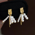 French Vintage 14K Plated High Shine Pearl Tassel Drop Earrings Handmade Geometric Design for Women