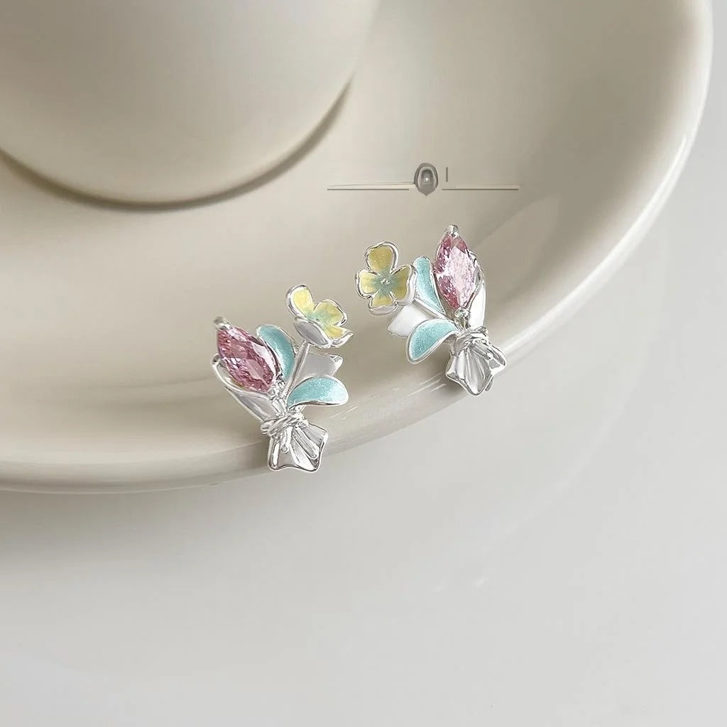 Designer Copper Zircon Micro Pave Enamel Bouquet Flower Stud Earrings Fresh Sweet Jewelry