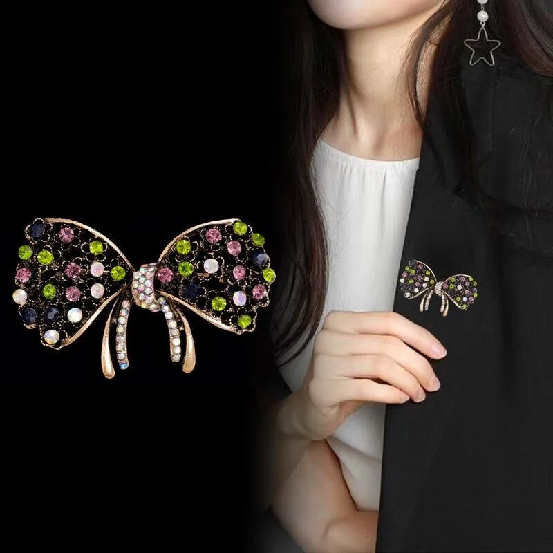 Elegant Bowknot Alloy Rhinestone Brooch With Multicolor Crystals, Women's Lapel Pin Corsage Gift
