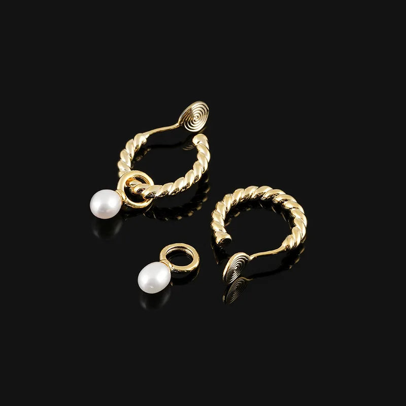 Elegant Twisted Hoop Freshwater Pearl Dangle Stud & Clip On No Piercing Spiral Ear Cuff Earrings