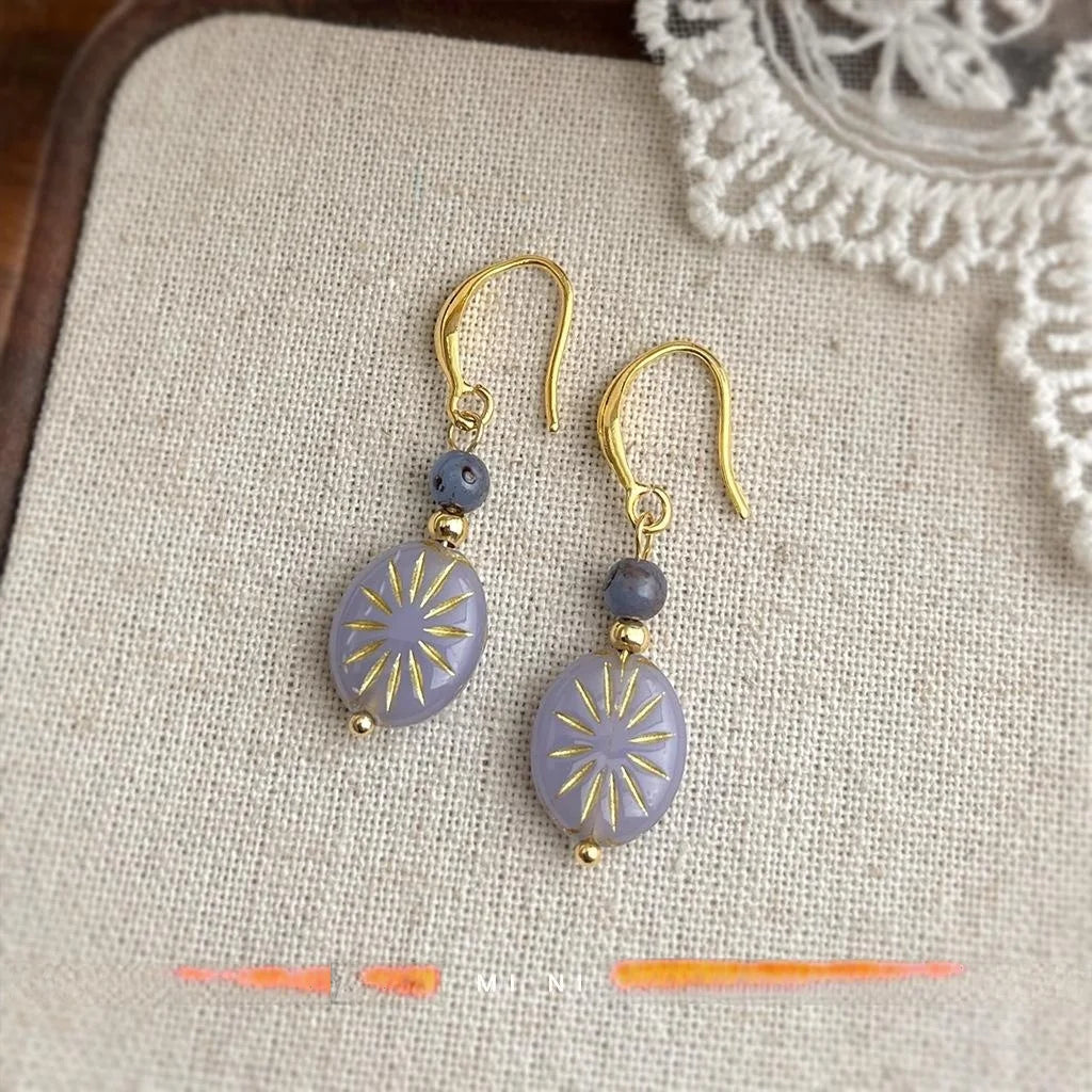 Vintage Style Geometric Starburst Glass Drop Earrings With Round Oval Glazed Beads