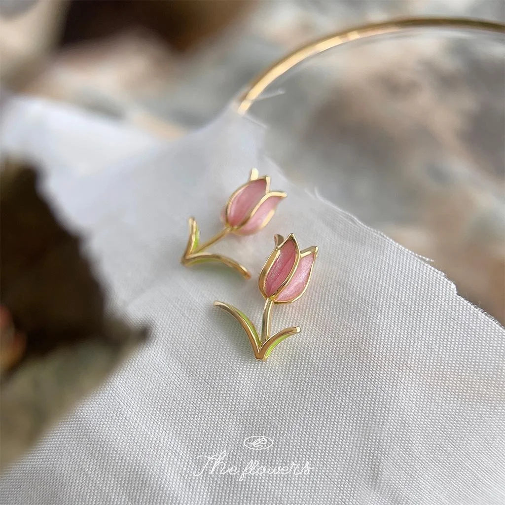 14K Gold Plated Copper Enamel Tulip Stud Earrings Sweet Floral Jewelry