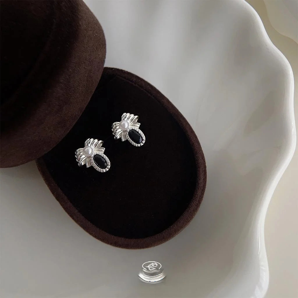 Sweet Cool Bow Stud Earrings Copper Black Zircon Pearl Minimalist Jewelry
