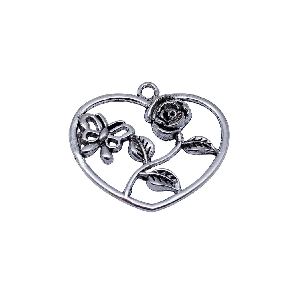 52x46mm 10.1g Antique Silver Zinc Alloy Butterfly Flower Heart Charm Pendant for DIY Jewelry Making
