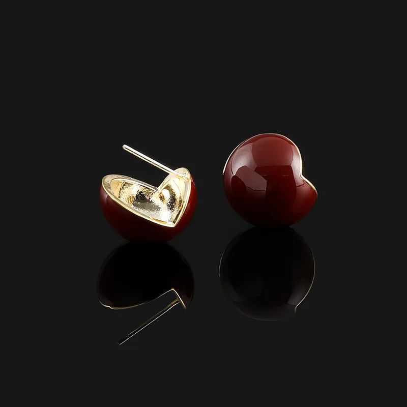 Elegant Vintage Burgundy Enamel Round Ball Alloy Spiral Disc Stud & Clip On No Piercing Earrings