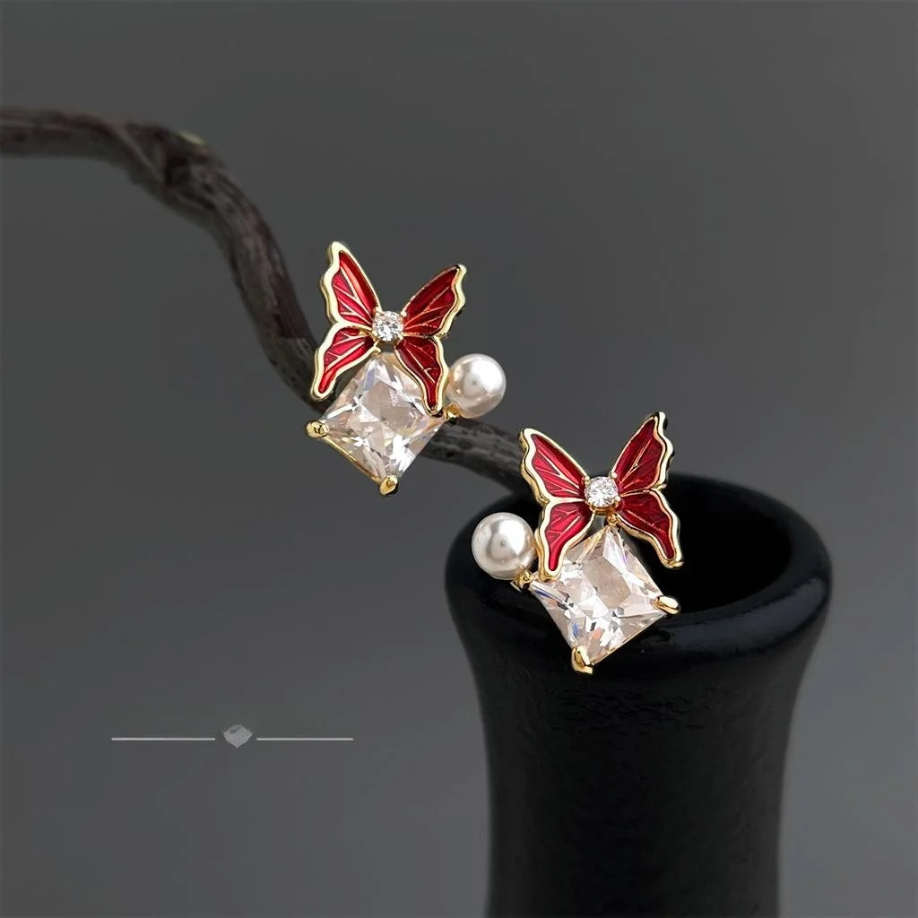 Luxury Butterfly Geometric Zircon Pearl Enamel Copper Stud Earrings