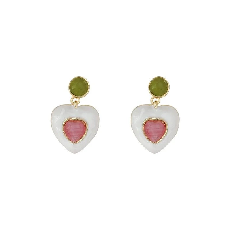 French Vintage Heart Drop Earrings Copper Glass Cat Eye Stone Enamel Silver Plated Pins