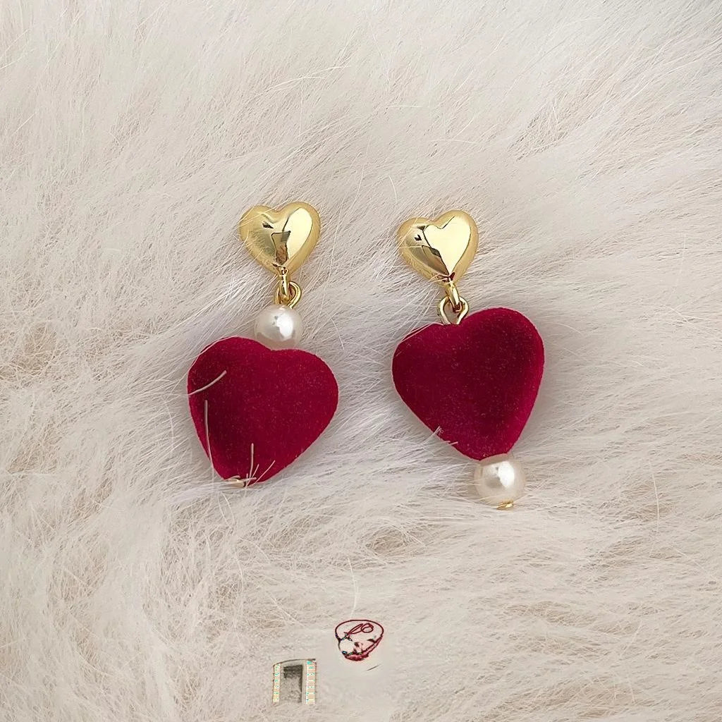 Burgundy Flocked Heart Asymmetric 14K Gold Plated Copper Drop Earrings