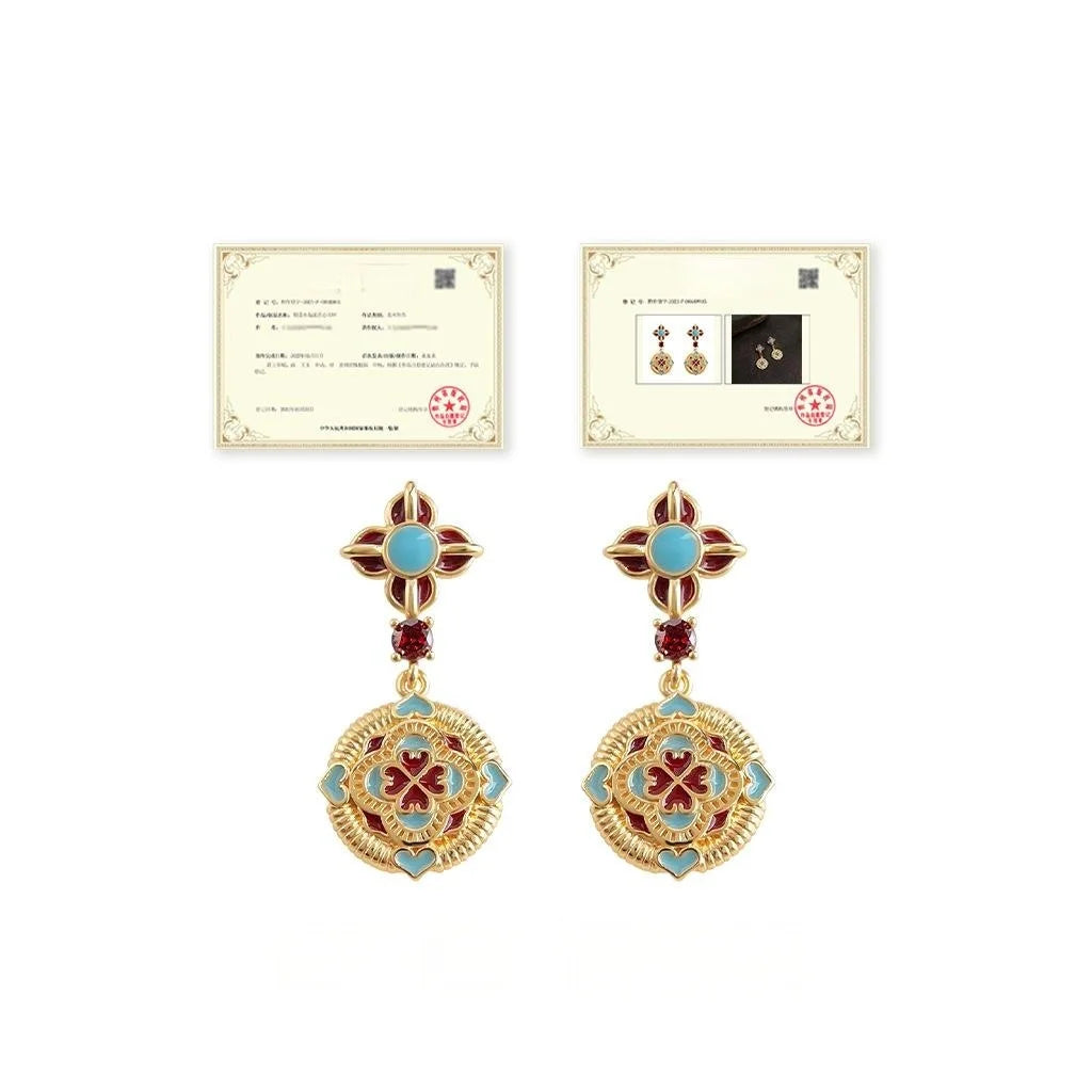 Original Ethnic Style Copper Enamel Glaze Zircon Auspicious Floral Geometric Drop Earrings