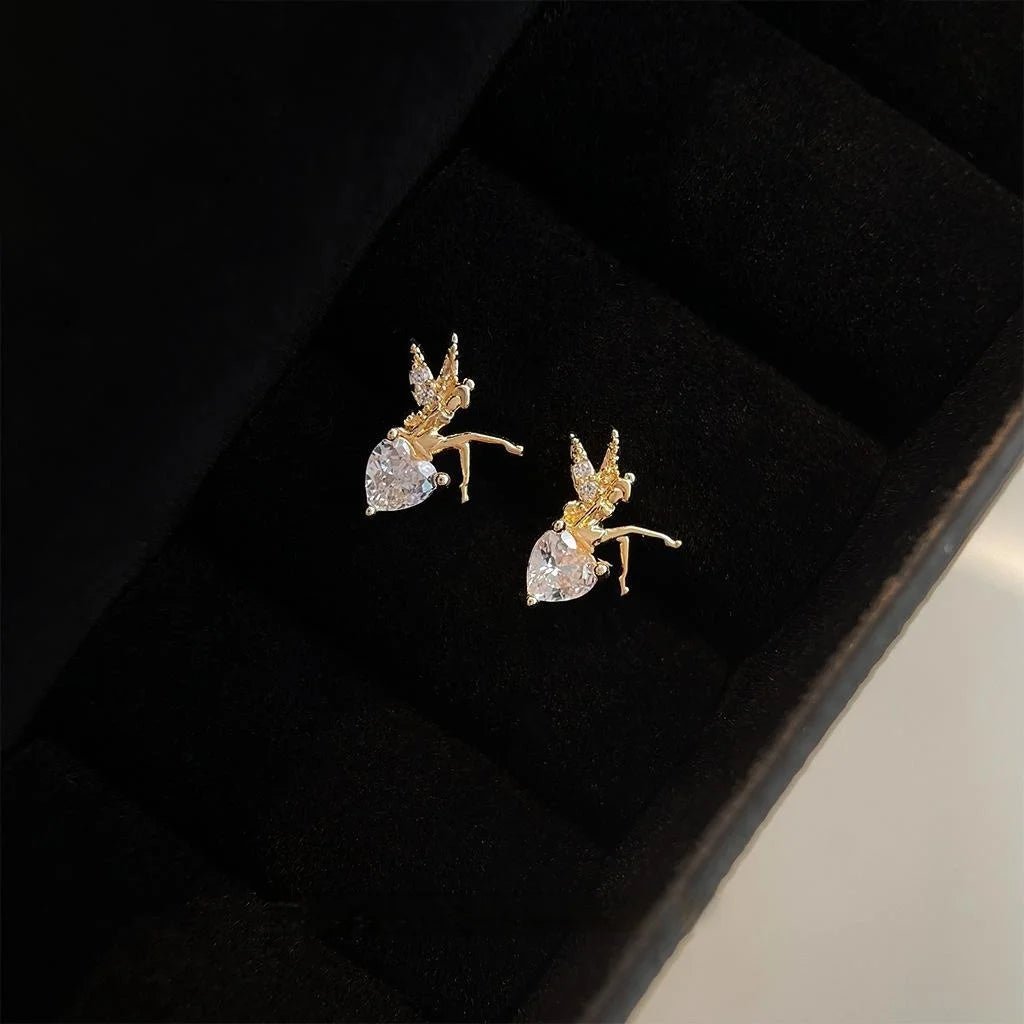 Tiny Flower Fairy Elf Zircon Copper Stud Earrings, Minimalist Fresh Designer Cartoon Jewelry