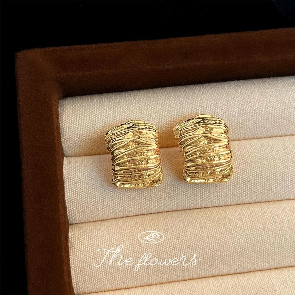 French Vintage 14K Electroplated Copper Irregular Geometric Ring Stud Earrings
