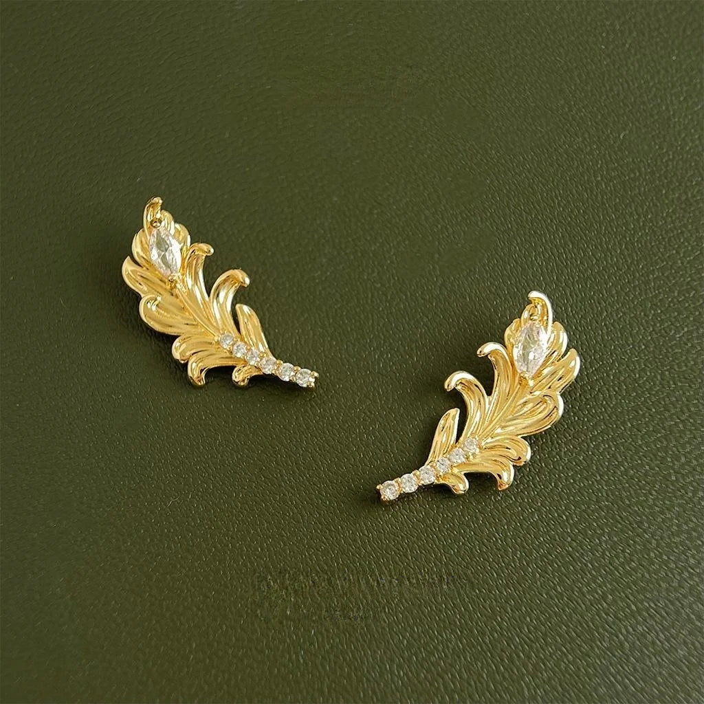 Niche Designer Micro Pave Zircon Feather Quill Copper Stud Earrings For Women