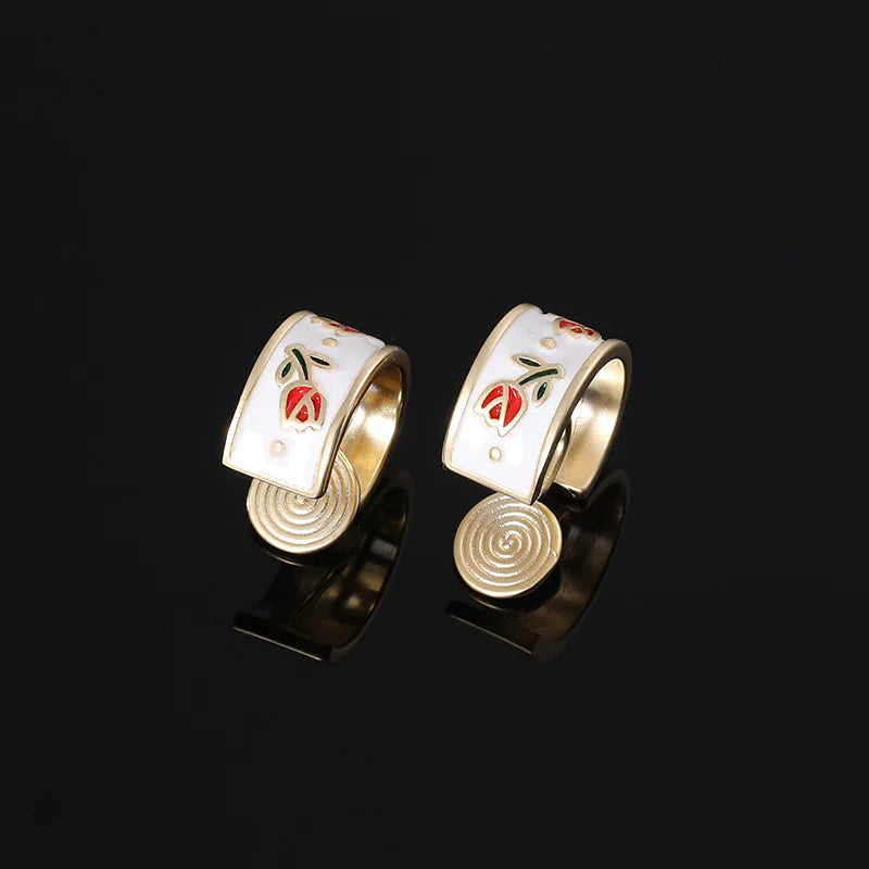 Elegant Vintage Tulip Enamel Wide Hoop Stud & Clip On No Piercing Alloy French Style Earrings
