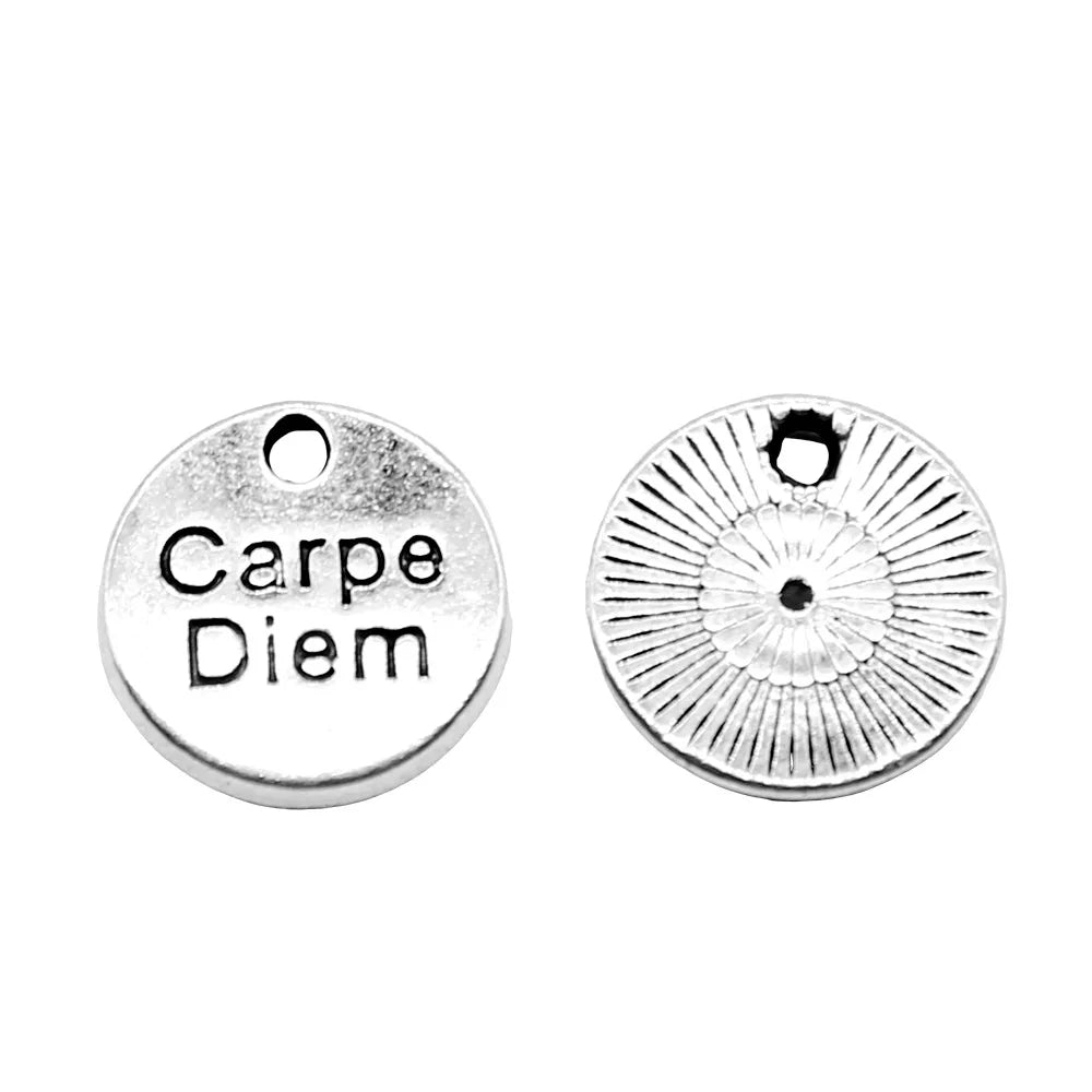 12x12mm 1.1g Zinc Alloy Round Carpe Diem Tag Letter Charm Pendant for DIY Necklace Bracelet Making