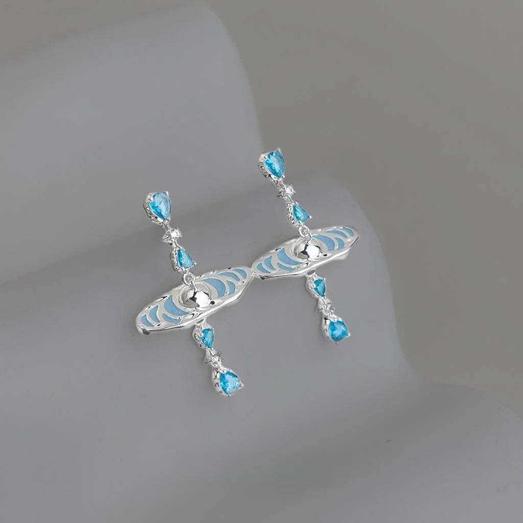 Sweet Ocean Geometric Copper Zircon Drop Earrings With Aquamarine Planet Star Ring Design