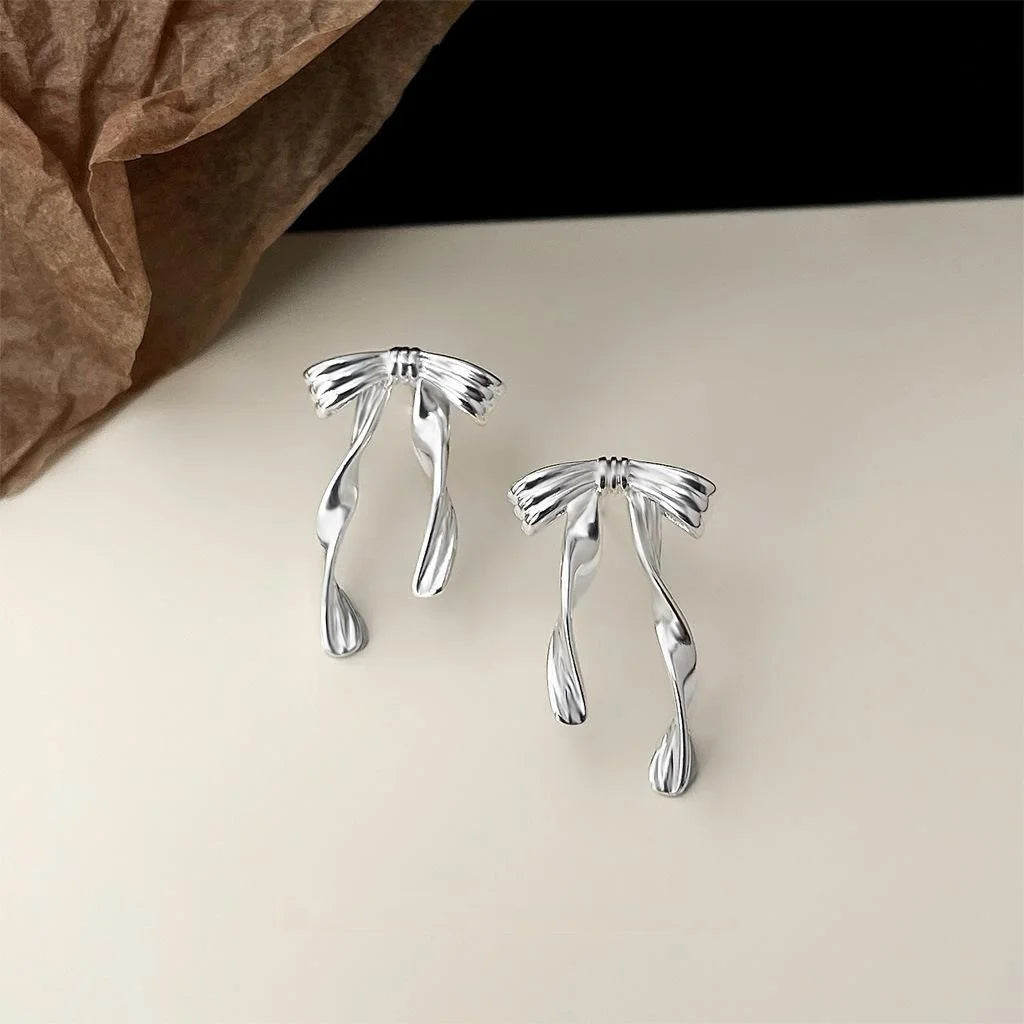 Minimalist Copper Ribbon Bow Drop Earrings, Sweet Ballet Style Jewelry
