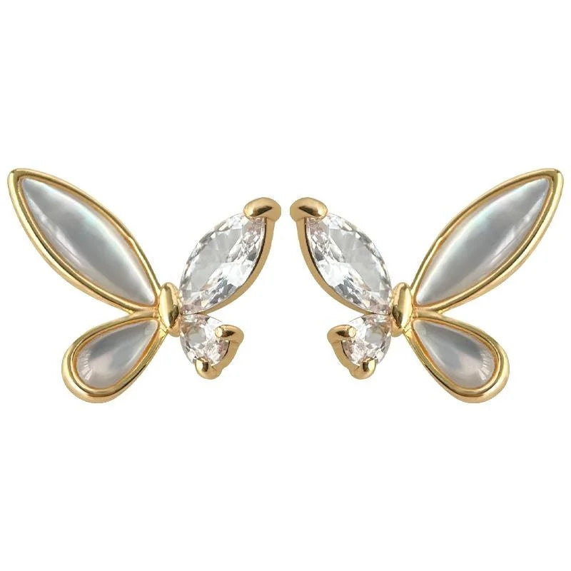 French Romantic Butterfly Stud Earrings With Real Shell Inlay Zircon Irregular Flower Luxury Style
