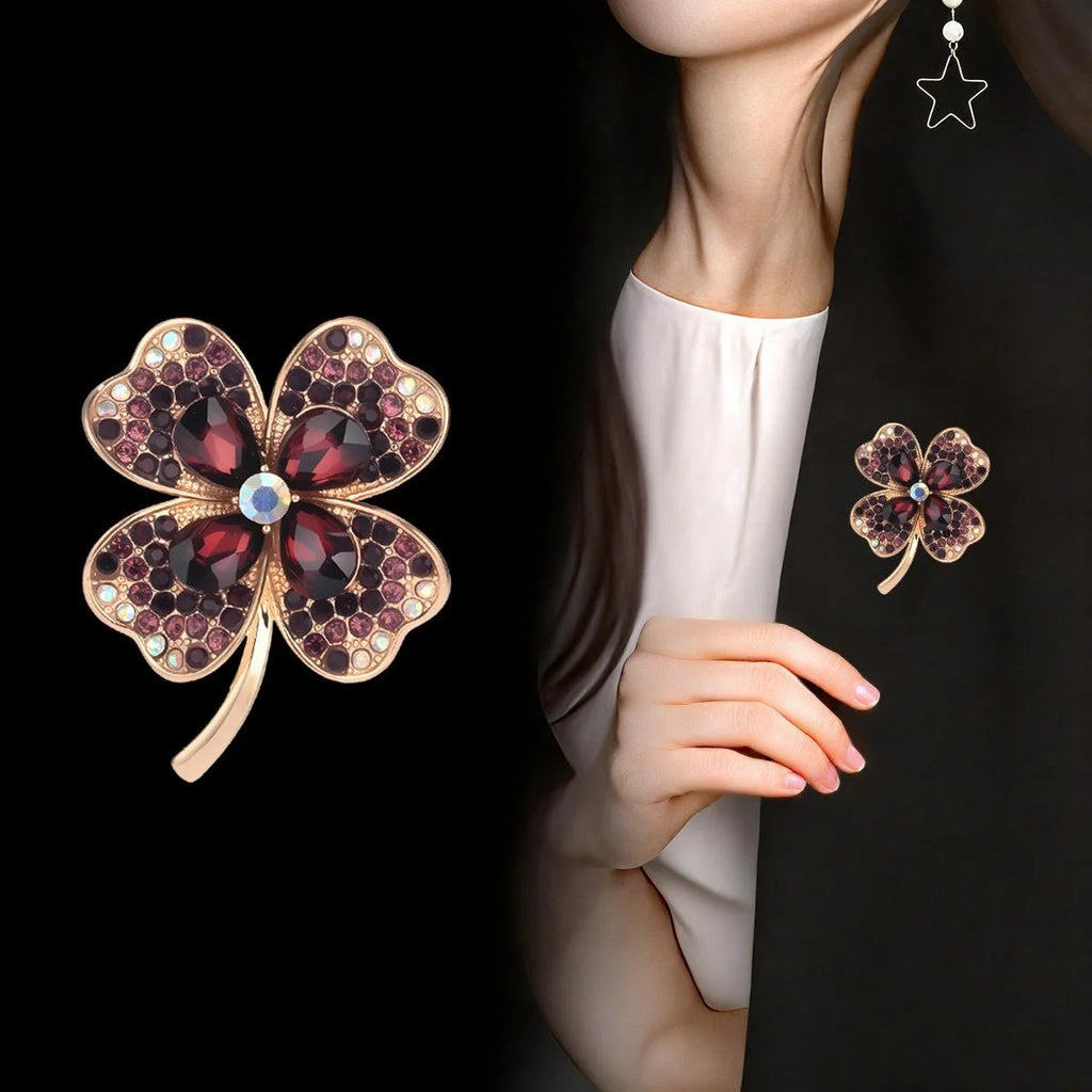 Luxury Green Rhinestone Four Leaf Clover Brooch, Gold Tone Alloy Lucky Lapel Pin Corsage Suit Accessory Gift